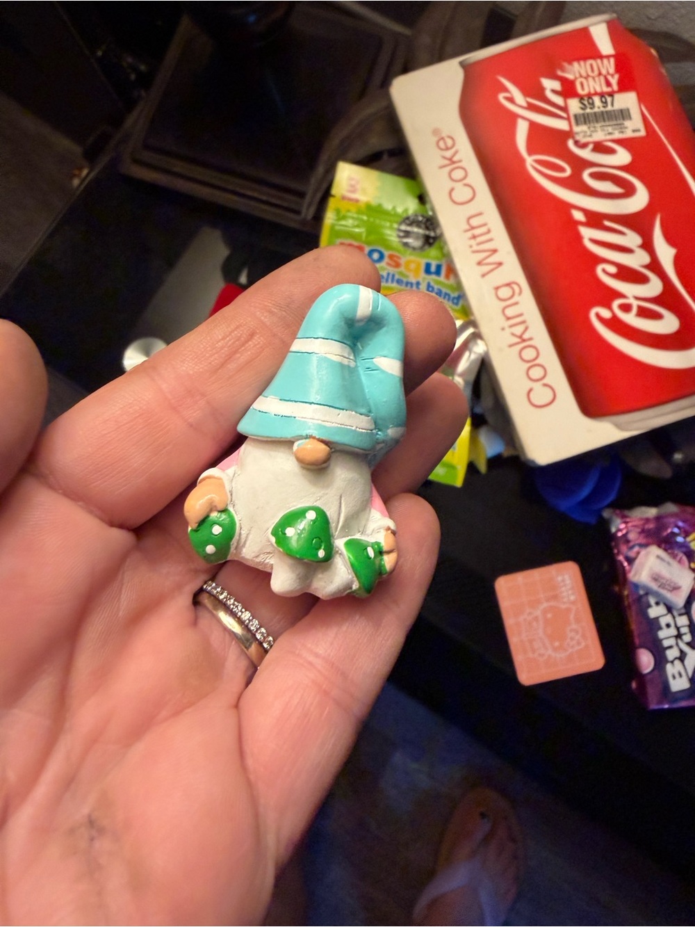 Coca Cola Blue-Hat Gnome Plush-Style Figure with Green Mushrooms
